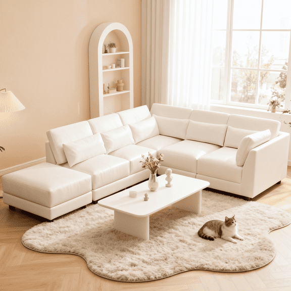 Vebreda Modern L-Shaped Sectional Sofa Set, Beige Upholstered Corner Sofa for Living Room
