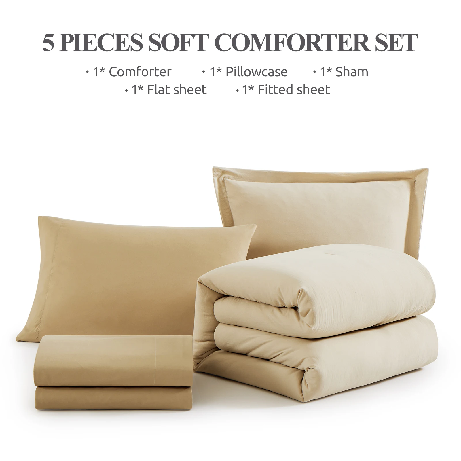 Amberspace Prewashed fabric 5-piece Bed in a Bag Comforter Set with Sheets,Beige,Twin-XL