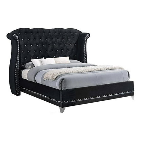 Pemberly Row Queen Contemporary Tufted Velvet Upholstered Bed Black