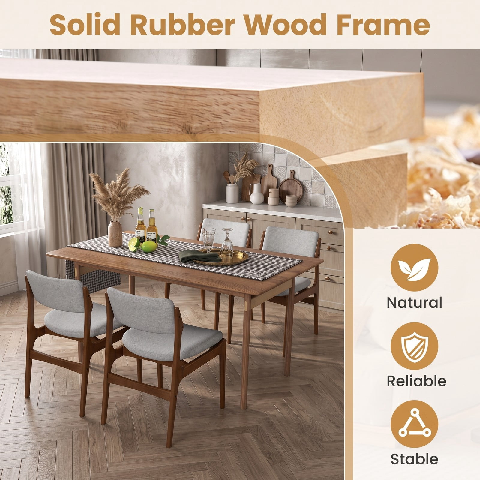 Furnibear Modern Padded Dining Chairs Set of 2, Upholstered Linen Fabric Kitchen Chairs with Solid Rubber Wood Legs, Ergonomic Slanted Backrest Accent Side, Brown