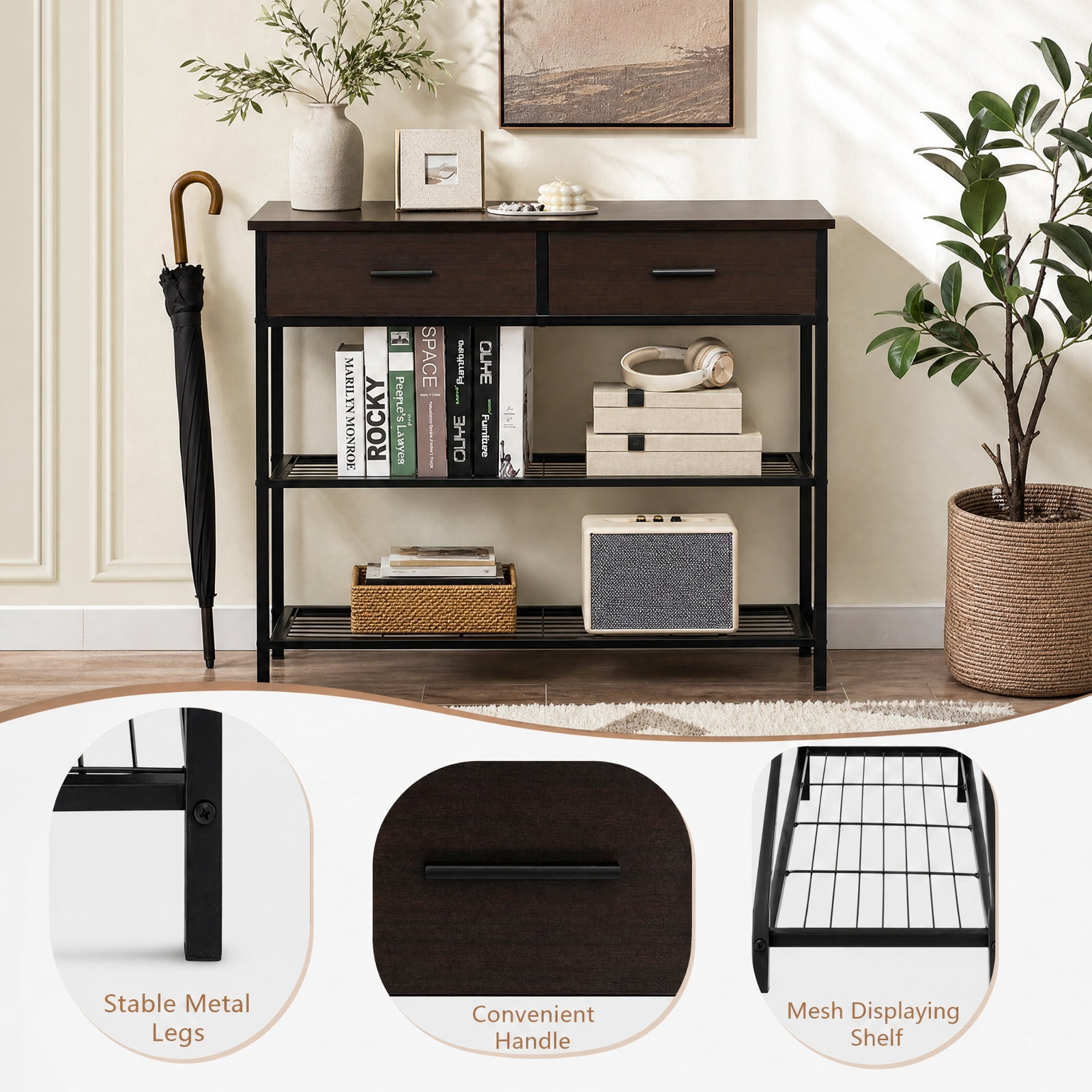 Furnibear 39.5 Inch Entryway Console Table with 2 Drawers and 2-Tier Metal Shelves for Living Room Hallway and Behind Sofa Storage, Dark Brown