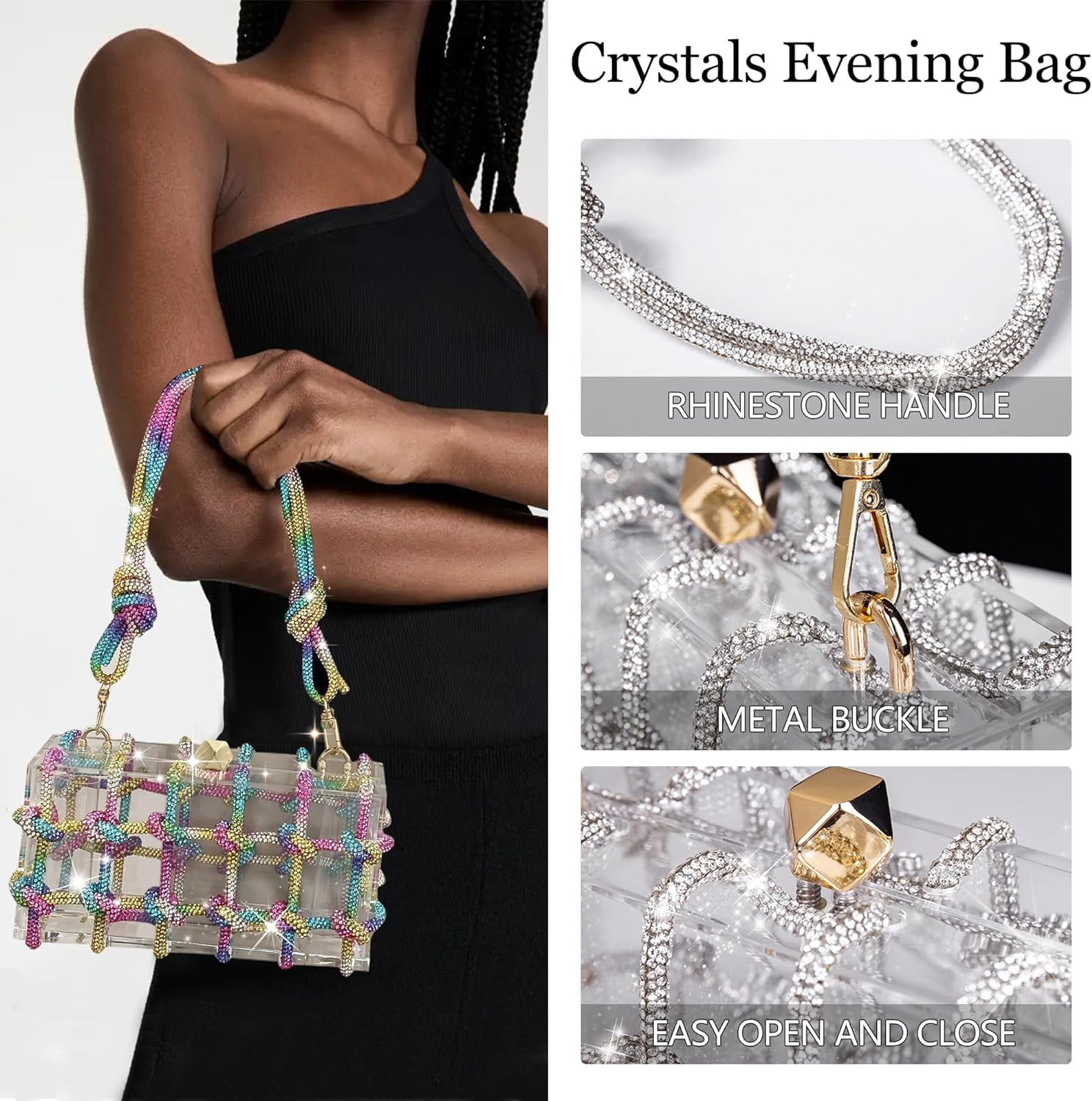 SQDWYGG Clear Acrylic Purse Bag with Rhinestones Clutch Purse Evening Clutches for Wedding and Party,1,1,1,Multicolour,Acrylic,Multi-color,Top-Handle Bag,Small