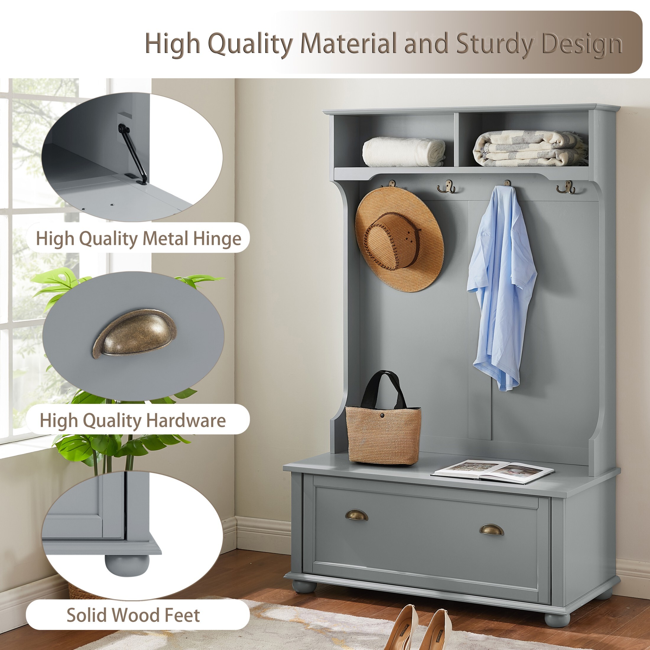 DEALTOPS Classic Hall Tree with Bench and Open Shelves, Entryway Coat Racks with Cabinets, Gray