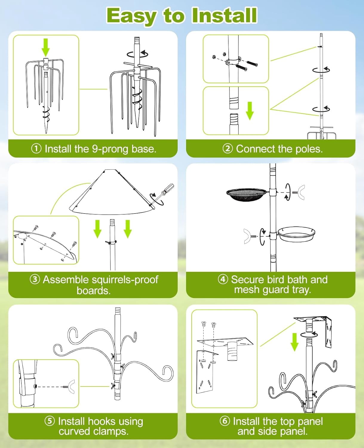 Bird Feeder Pole, 93" Shepherds Hooks Squirrel Proof for Outdoor, Adjustable Heavy Duty Birdhouse Pole Smart Feeder Stand with 4 Hooks & 9 Prongs Base & Squirrel Baffle for Hanging Plant,Garden Decor