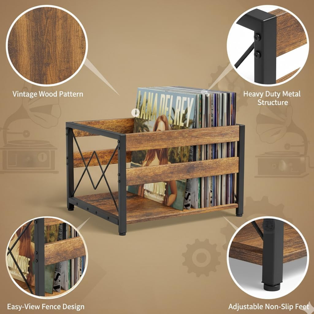 Y&M Vinyl Record Storage Crate, Wooden Storage Box, Classic Cube CD Albums Shelf Holder Organizer, Holds Up to 100+ Records, Magazine Rack for Desktop, Home, Office, Brown