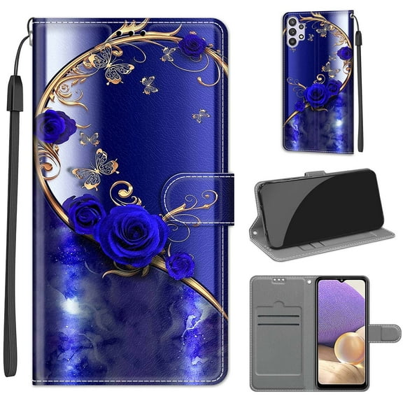 Compatible with Samsung Galaxy A32 5G Wallet Case for Men Women, Premium PU Leather Flip Cover with Card Holder, Wrist Strap, Kickstand Shockproof Magnetic Clasp Case, Blue Rose Golden Butterfly