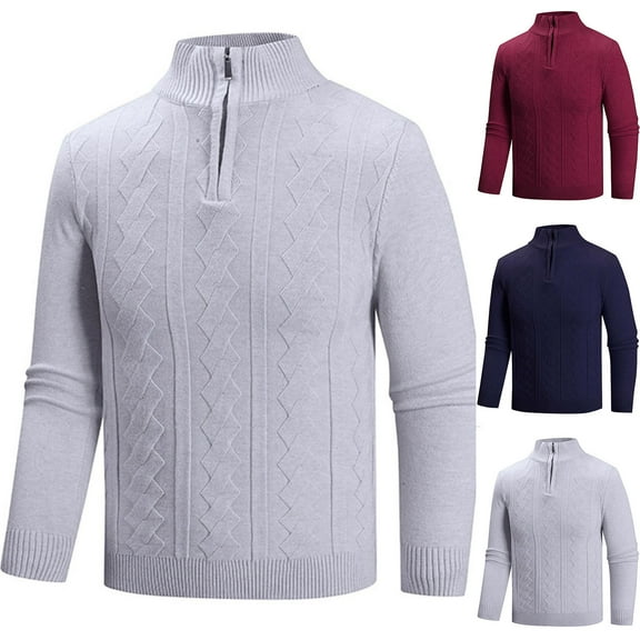 BXINGOHAI Men's Quarter Zip Pullover Sweater Slim Fit Business Casual Cable Knit Lightweight Long Sleeve Sweaters Gray M