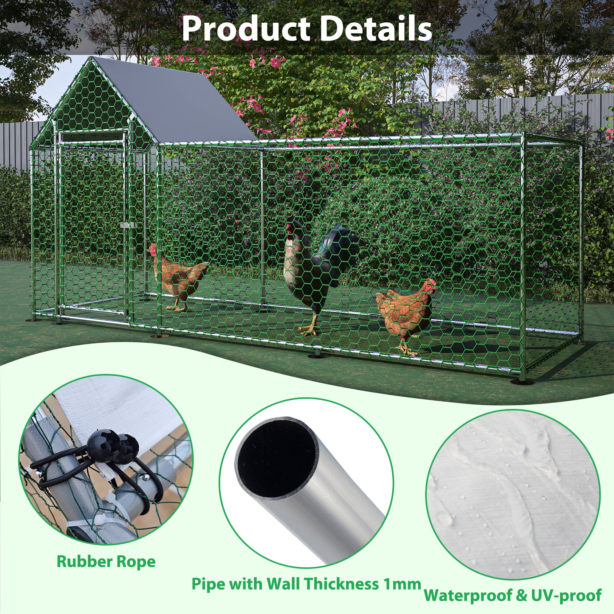 MAYEERTY 10x3FT Metal Chicken Coop Run, Removable PE Cover Lockable Door for Hen Duck Rabbit
