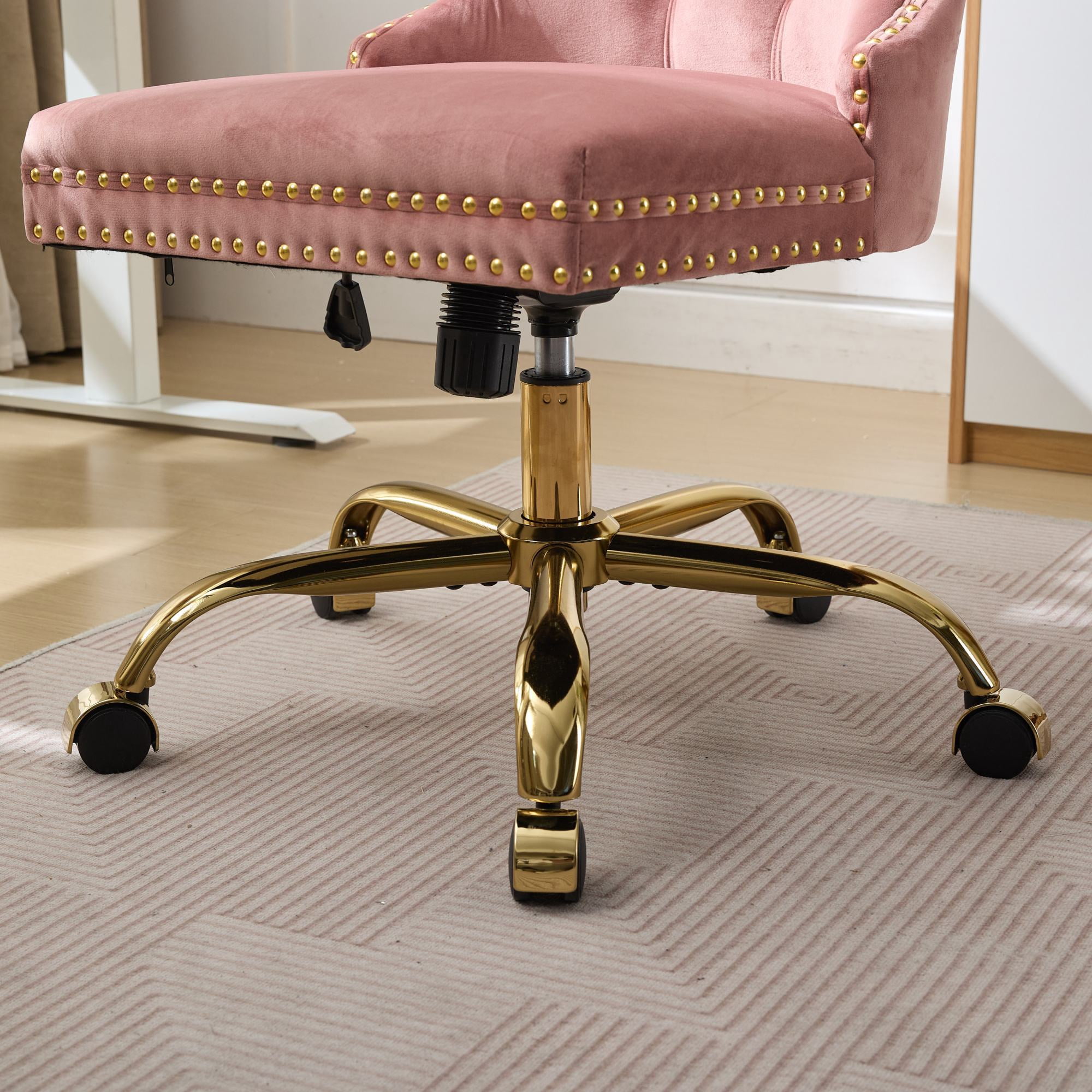 Jopath Velvet Home Office Desk Chair with Wheels & Gold Base, Makeup Vanity Chair with Tufted Back, Adjustable Desk Chair Swivel Office Chair for Bedroom, Pink