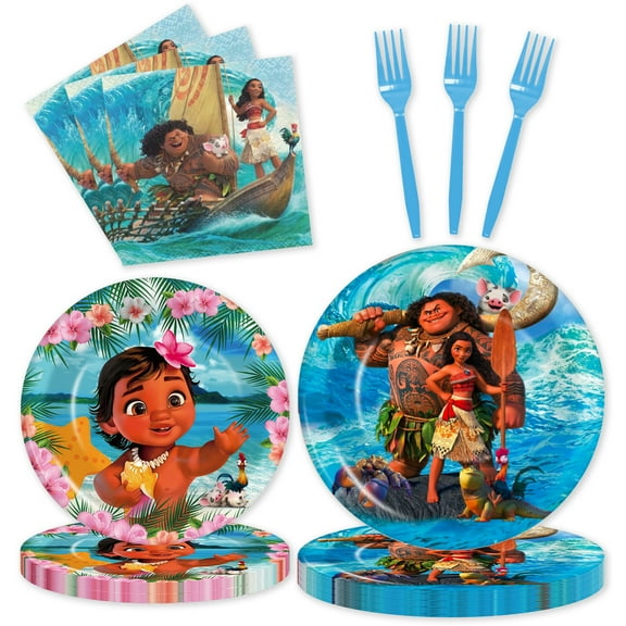 96 Pcs Moana Birthday Party Tableware Set - Serves 24 Guests, Includes 24pcs 9in Plates, 24pcs 7in Plates, 24pcs Napkins, 24pcs Forks for Moana Themed Party Supplies