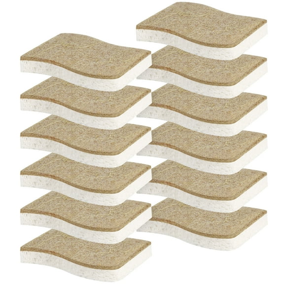 sixwipe 12 Pack Natural Kitchen Sponge, Biodegradable Compostable Cellulose and Coconut Scrubber Sponge, Eco-Friendly Scrub Sponges for Dishes, Bathtubs(Brown-White)