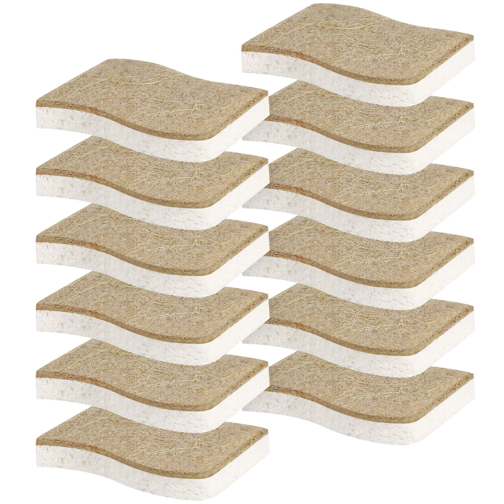 sixwipe 12 Pack Natural Kitchen Sponge, Biodegradable Compostable Cellulose and Coconut Scrubber Sponge, Eco-Friendly Scrub Sponges for Dishes, Bathtubs(Brown-White)