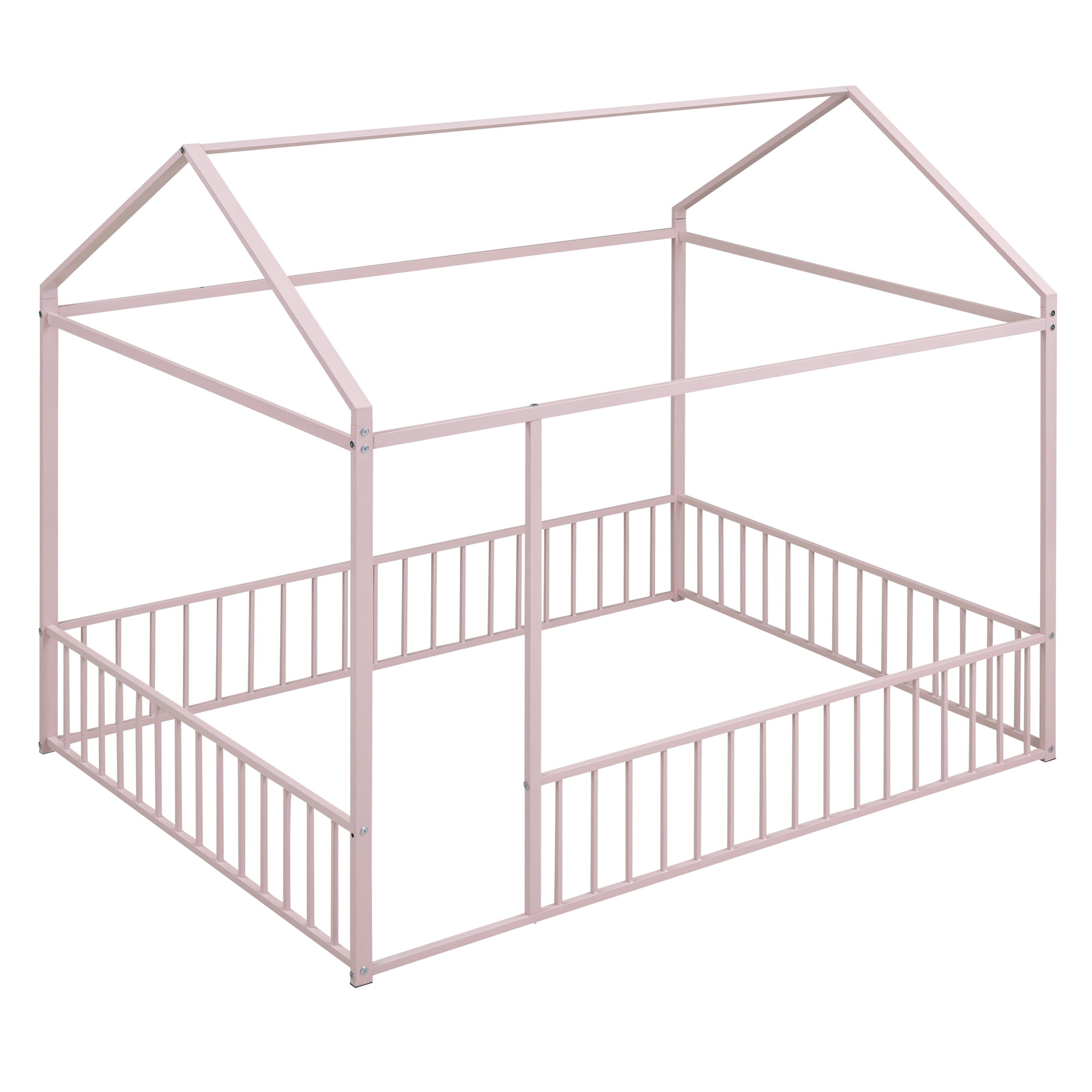 Gewnee Full Size Metal House Bed with Fence,Montessori Floor Bed for Toddler and Kids,Pink