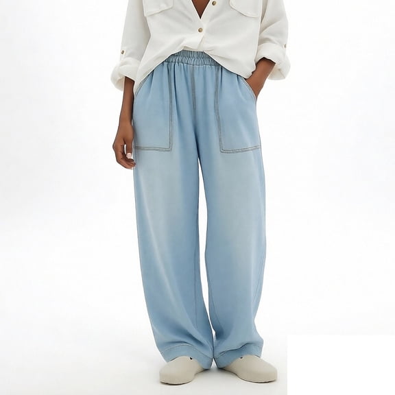 FRSASU Women's Barrel Sweatpants High Waisted Jeans Stretchy Baggy Denim Pants Drawstring Lounge Barrel Sweats Light Blue