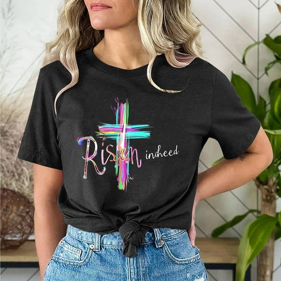 Cavosen Happy Easter Womens Tops Short Sleeves Pullover Summer Funny Letter Blessed Cross Print Blouse Crewneck Festival Shirts Vacation Holiday Tee Shirts Loose Dressy Black S