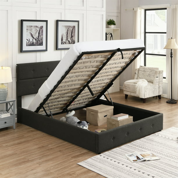 Queen Size Upholstered Platform Bed, Lift Storage Bed Queen Wood
