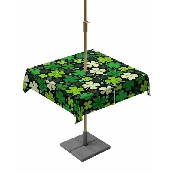Outdoor Tablecloth with Umbrella Hole and Zipper, St. Patrick's Day Square Table Cloth 60x60 Inch Waterproof Tablecloth, Lucky Shamrocks Spring Leaves Plants Picnic Table Cover for Patio Camping