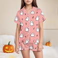 thumbnail image 2 of CAICJ98 Girls Halloween Pjs Silk Satin Pajamas Set Kids Toddler Ghost Print Short Sleeve Button Shirts and Shorts 2 Piece Sleepwear, 8-9 Years, 2 of 5