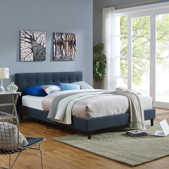 Modway Linnea Lit Double Moderne en Tissu Polyester et Bois, Bleu Azur
