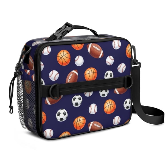 Football and Rugby Navy Pattern Bento School Insulated Lunch Bag Box with Shoulder Strap and Bottle Holder, 11" X 9.5" X 3.5"