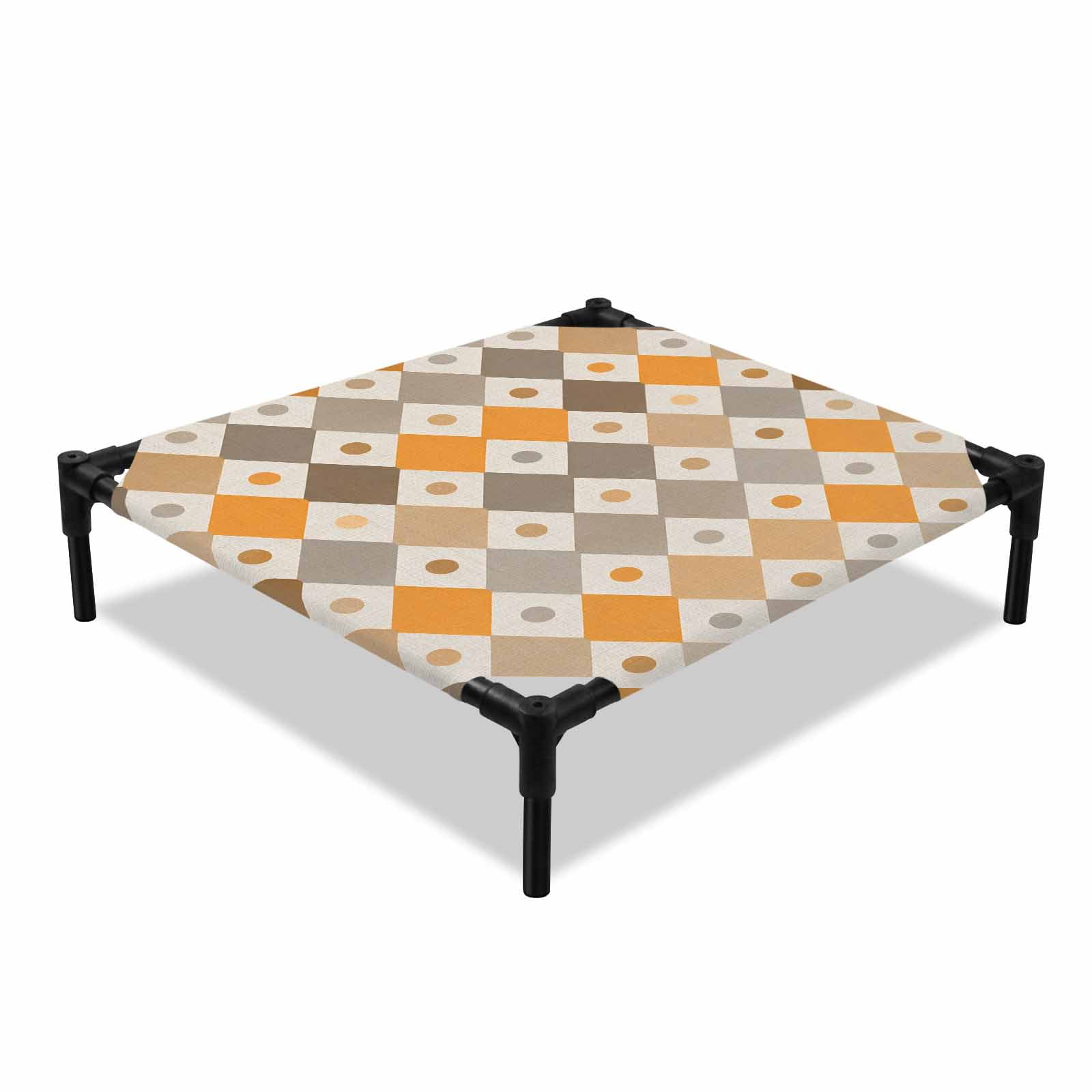 Rhomboid Shapes Elevated Dog Bed Vintage Minimalist Yellow Beige Brown Geometric Cooling Breathable Outdoor Raised Dog Cot Bed with Metal Frame Non-Slip Feet for Small Dog 20x20in