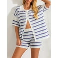 thumbnail image 5 of Musuos Women Summer Crochet Knit Pajamas Set Stripe Contrast Color Button Lapel Tops and Elastic Shorts 2 Pieces Loungewear Suits, 5 of 10