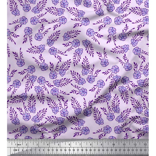 Soimoi Poly Georgette Fabric Leaves & Floral Block Printed Fabric 1 Yard 52 Inch Wide