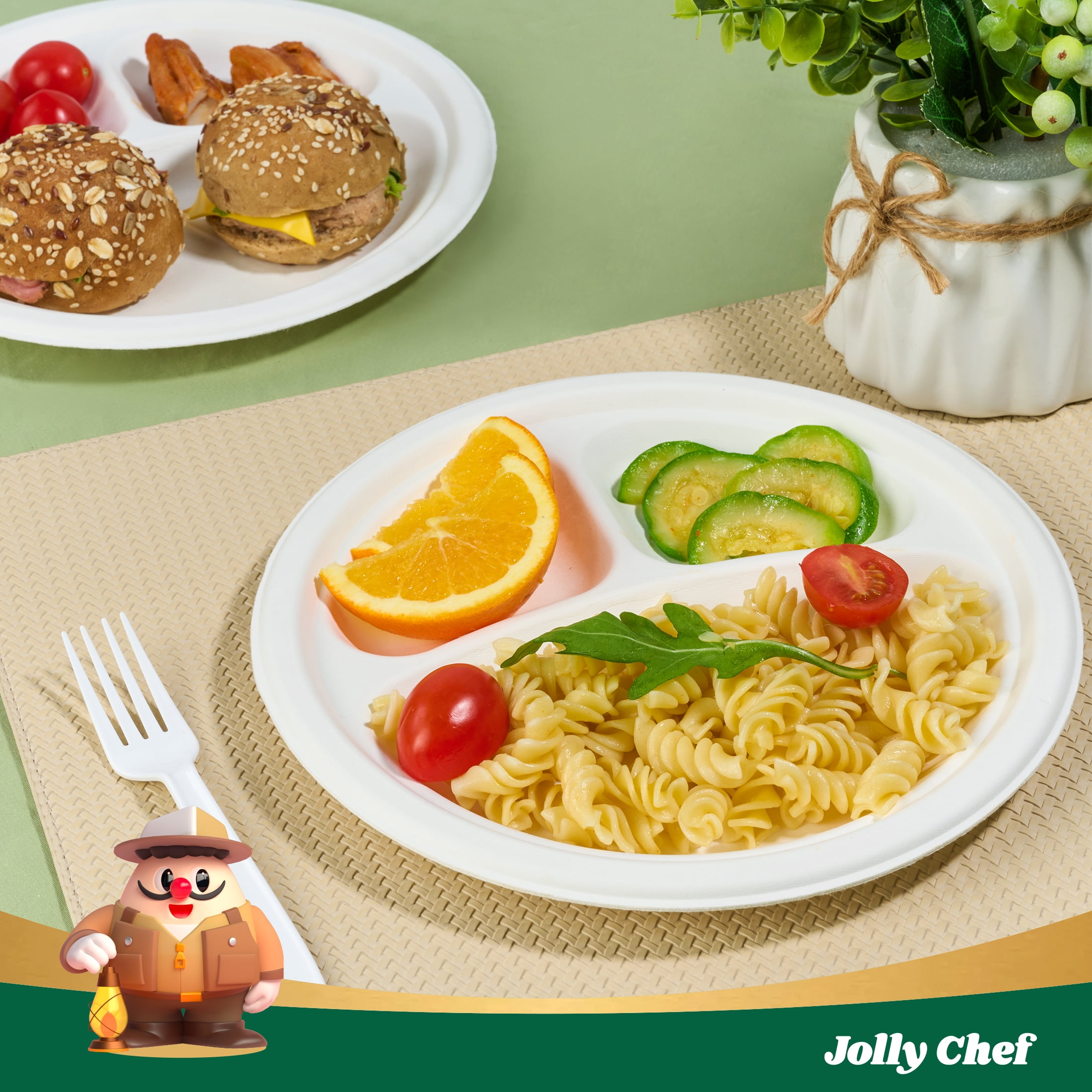 JOLLY CHEF 120 Pack Compostable 3 Compartment Plates, Heavy-Duty Disposable Biodegradable Paper Plates, 9 inch Eco-Friendly Sugarcane Bagasse Divided Plates for Dinner