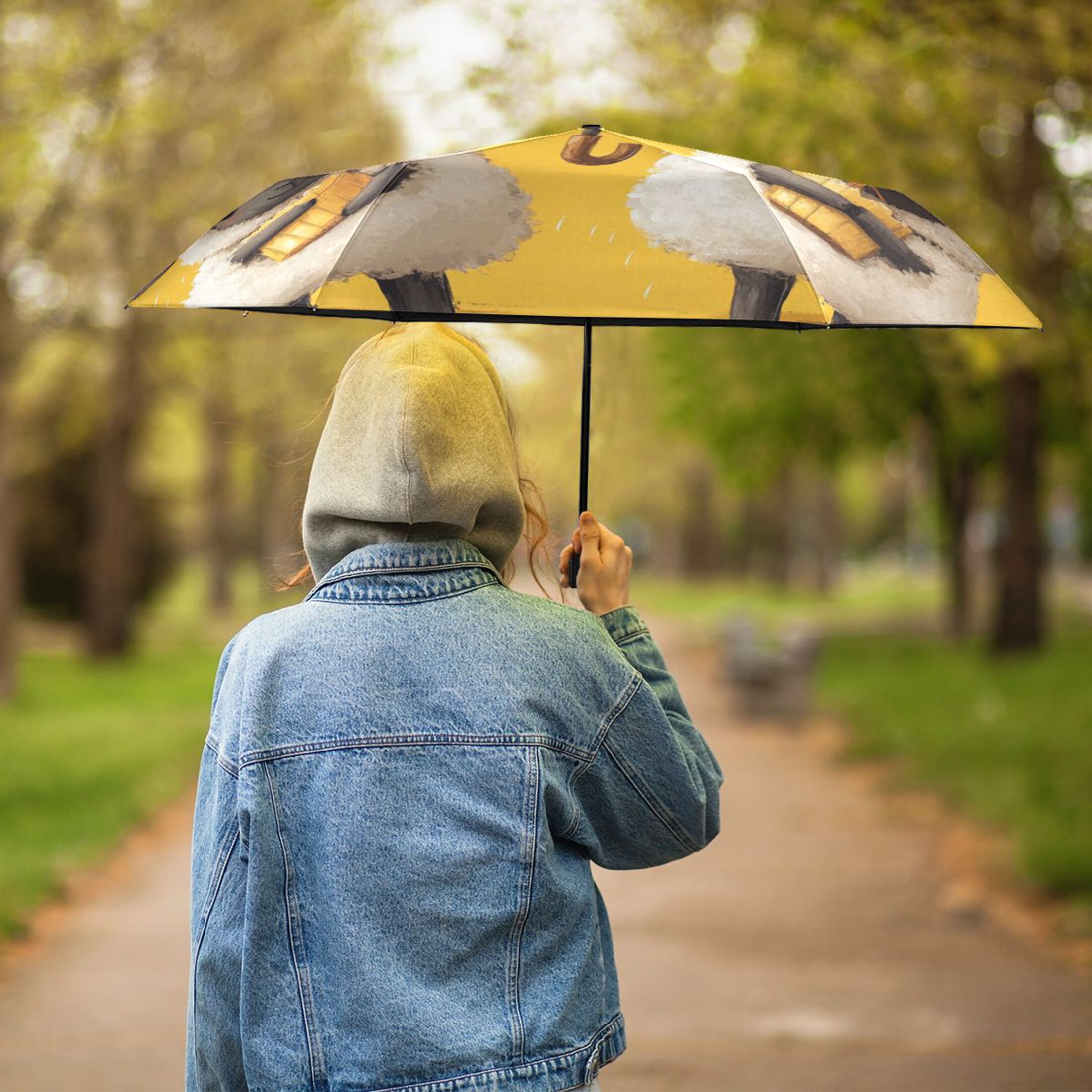 Cute Sheep with Yellow Umbrella All Weather Umbrella Triple Folding Parasol 6 Ribs UV Protection Portable