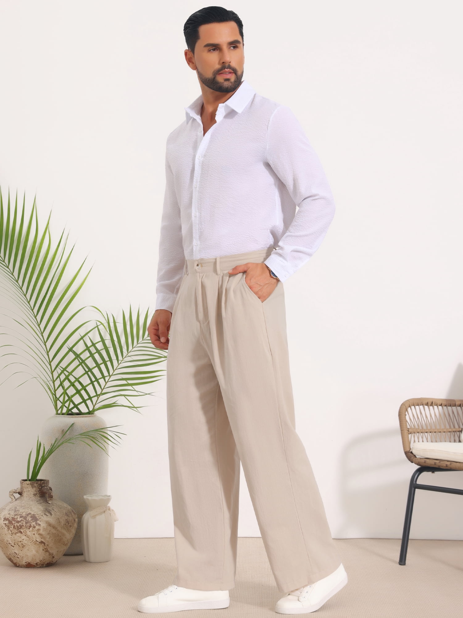 DARING DIVA Men's Lightweight Breathable Linen Pleated Pants with Side Pockets 36 Khaki