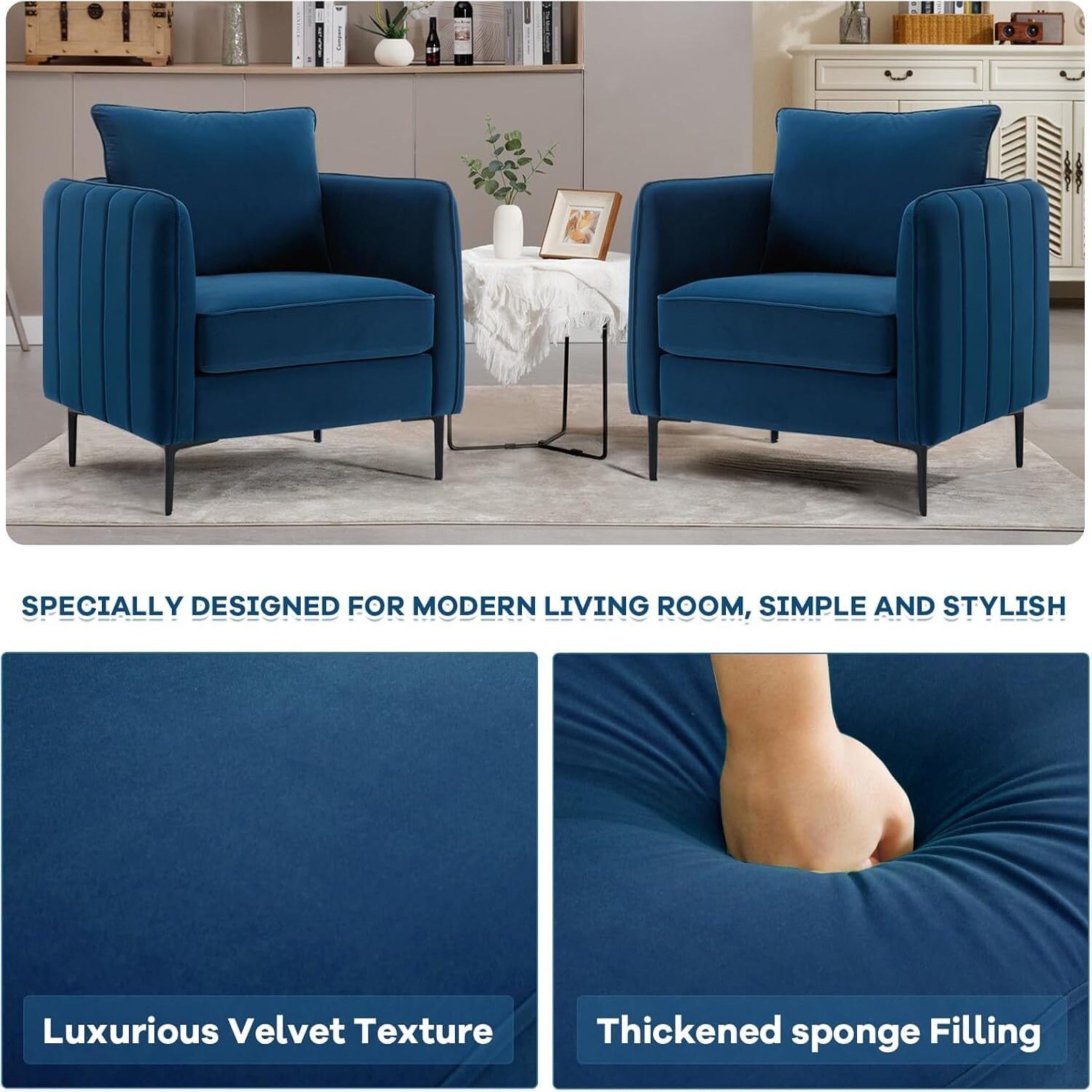 Noble House Mid-Century Modern Velvet Upholstered Accent Chair with Pillow, Metal Legs, Blue