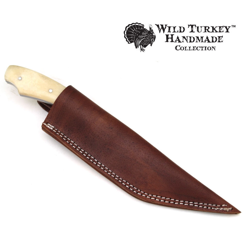 11" Damascus Fixed Blade Bone Handle Hunting Knife with Leather Sheath