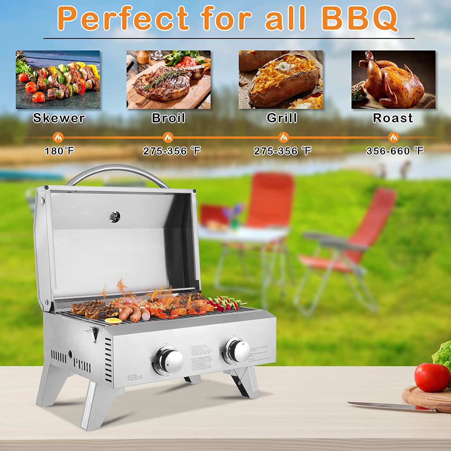ROVSUN Extra Large 20,000 BTU Portable Gas Grill, 2 Burner Tabletop Propane Griddle with Foldable Legs, Regulator & Full Stainless Steel for Home Outdoor Picnic Camping Trip, Patio Garden BBQ - image 5 of 9