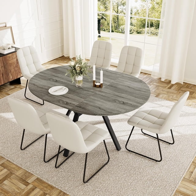 Extendable Round Dining Table Set for 6 People, 43.3"-59.1" Extendable Kitchen Table with 6 Upholstered Chairs, Space Saving for Kitchen Dining Room (Grey Table+6 U-Shaped White Chairs)
