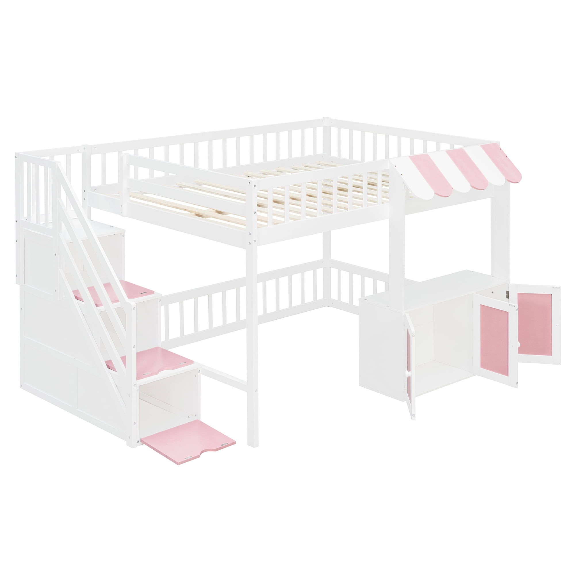 Mintazer Full Size Loft Bed with Play Storefront & LED Lights, Kids Loft Bed with Guardrail and Storage Staircase & Cabinet for Bedroom, White & Pink