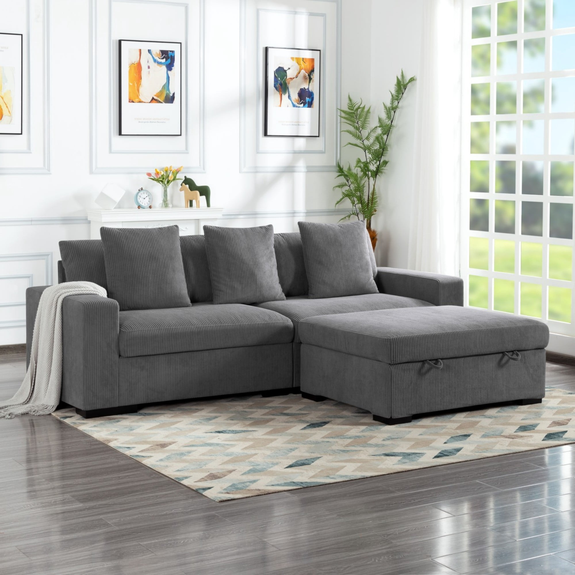 Gewnee 103.5-Inch Modular Corduroy Sofa Set with Solid Wood Legs, High-Density Foam, Suitable for Living Room/Bedroom/Office