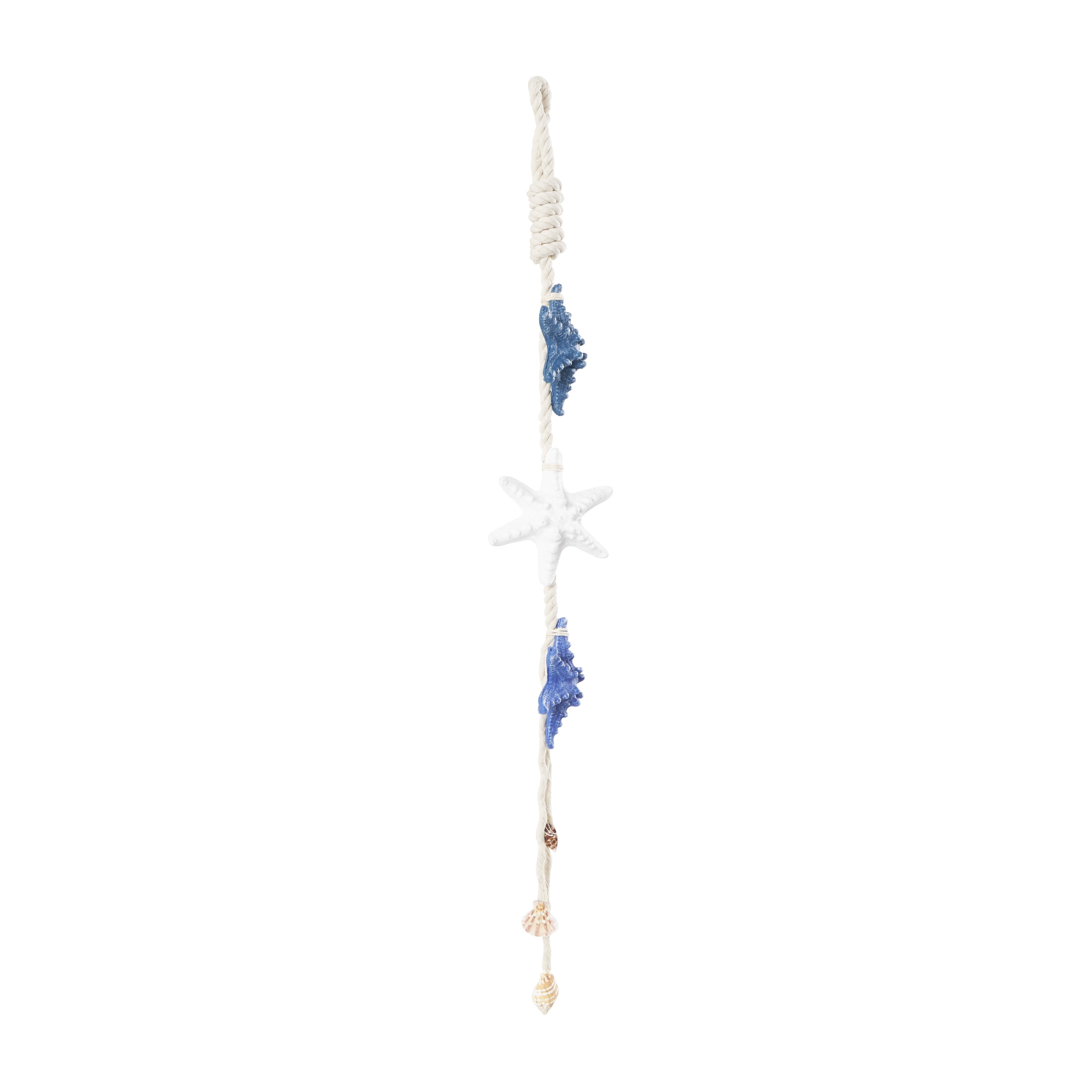 DecMode Cream Resin Handmade Layered Starfish Wall Decor with White Hanging Rope and Seashell Accents