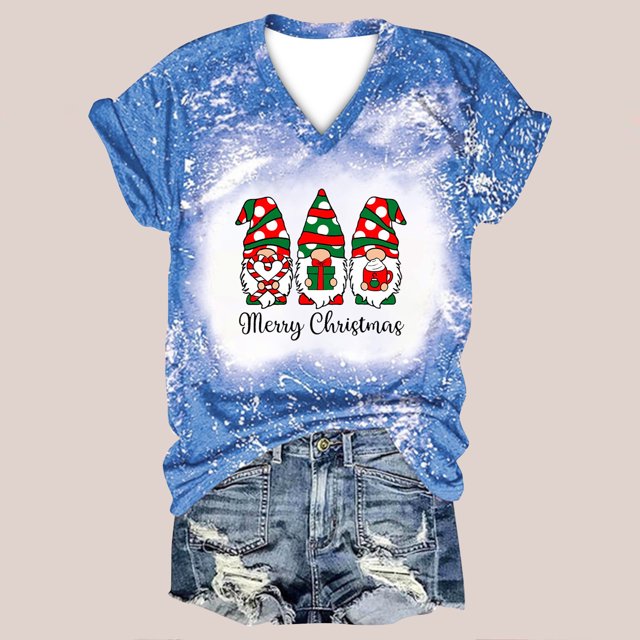 ICHUANYI Clearance Women Casual Print Christmas Loose Short Sleeve V-Neck Tops(Light Blue, XXL) ICHUANYI WER2023081404902