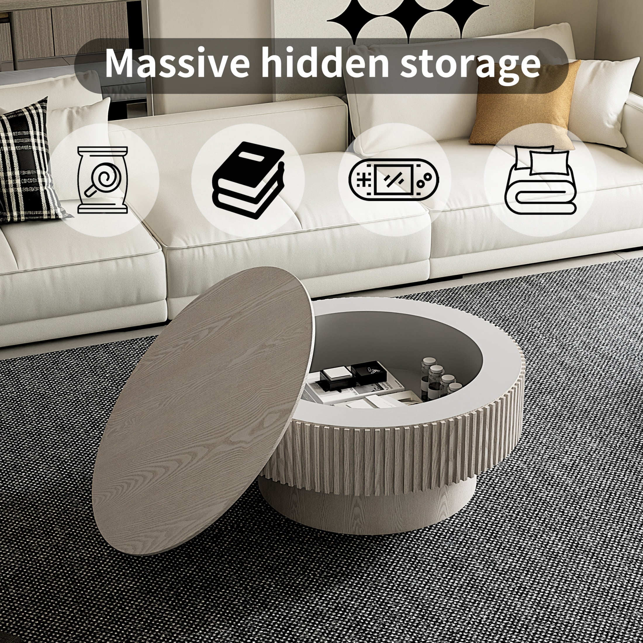 31.5'' Round Coffee Table with Hidden Storage Compartment, Solid Wood Veneered Modern Fluted Accent End Tea Table