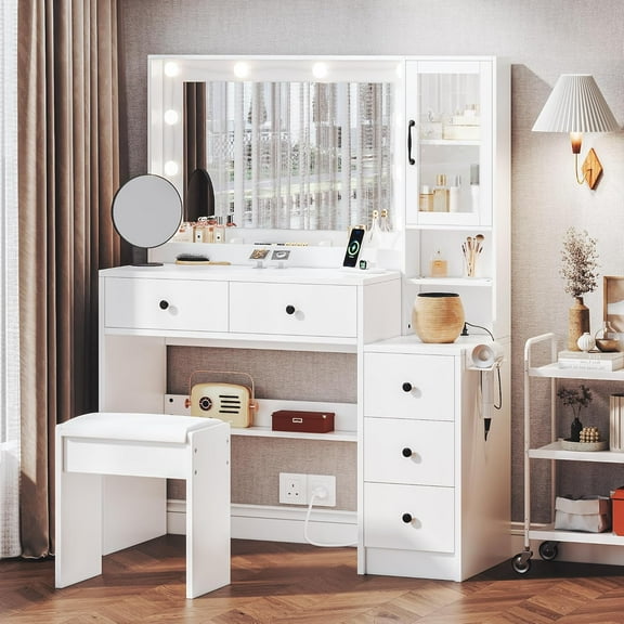 Makeup Vanity Desk and Stool, Vanity Desk with Lights, Vanity Table Set with Charging Station, Drawers and Hidden Storage Shelves, White