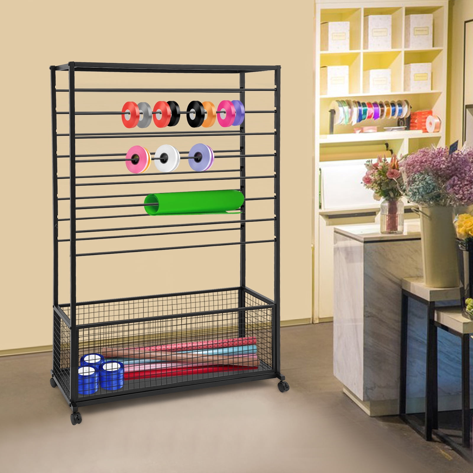 Double-Sided 16 Tier Ribbon Rack, Ribbon Holder, Storage Shelf For Ribbon,Wrapping Paper (39.37*12.6*59.06in)-Black