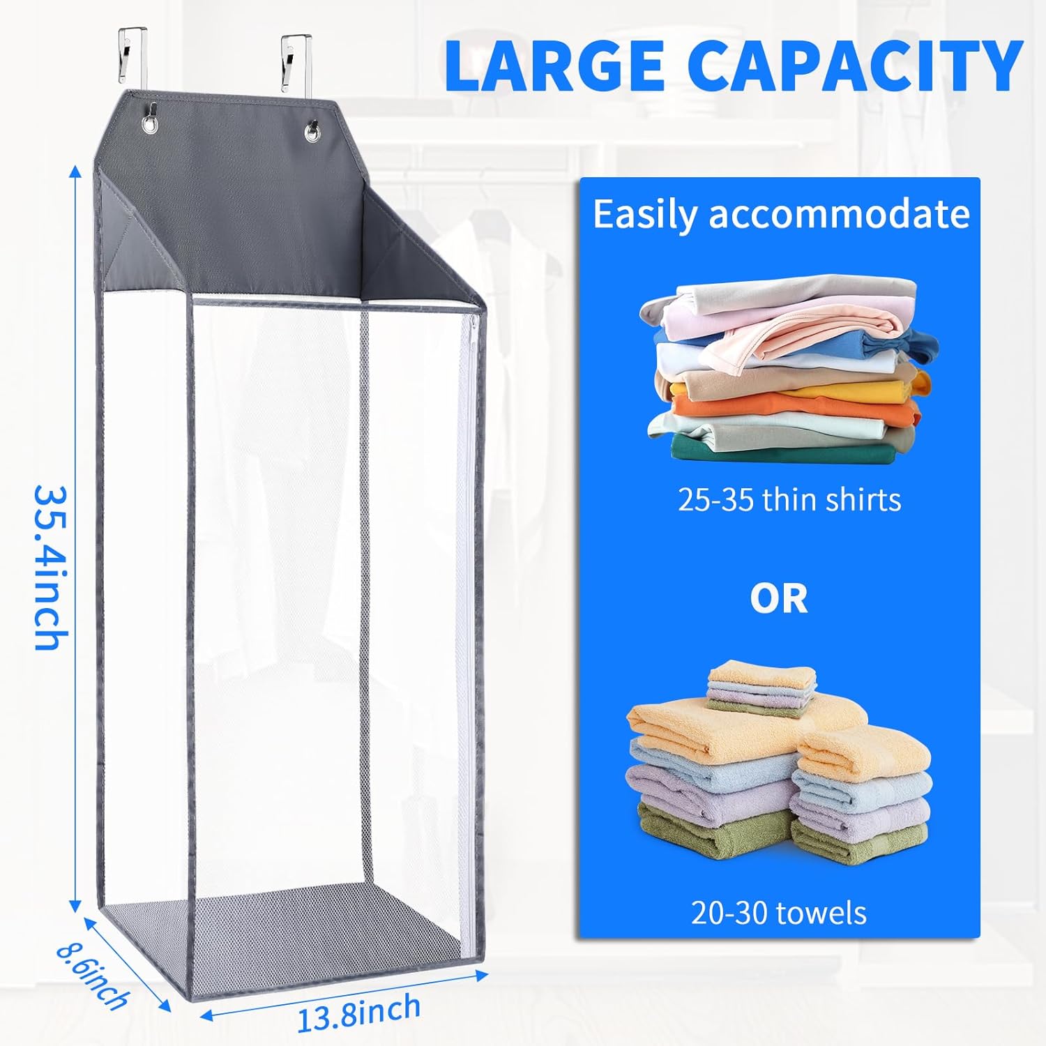 ABCISI 2 Packs Large Hanging Laundry Hamper with Hooks, Over the Door Mesh Hamper with Zipper for Dirty Clothes Organizer, Collapsible Wall Hanging Laundry Basket for Bathroom, Dormitory, Grey