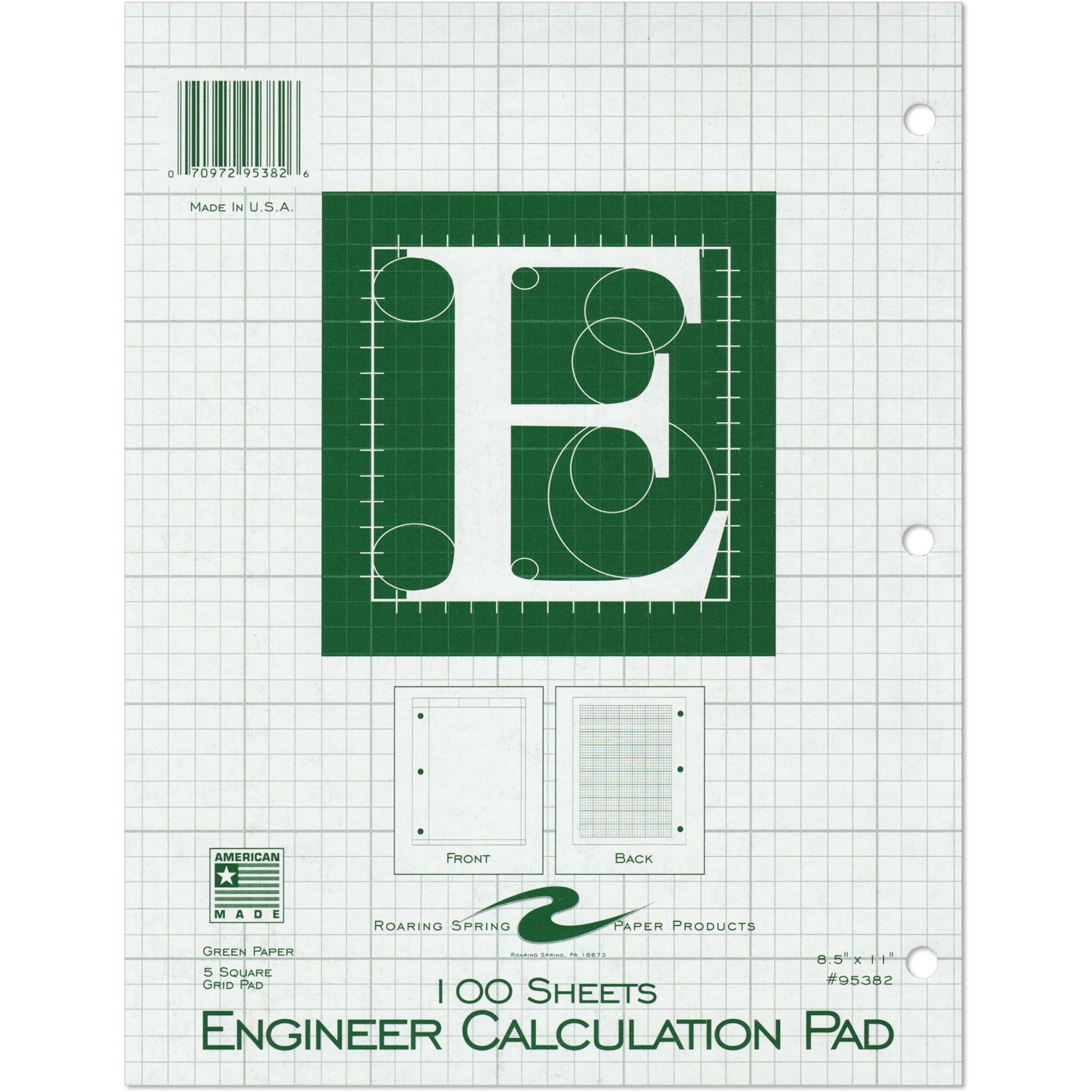 Roaring Spring Engineering Pad, 24-Pack, 8.5" x 11", 100 Sheets 15# Green Paper, 5x5 Printed Back Enclosed Grid, Top Glued, 3-Hole Punched, Proudly Made in USA, Heavy Backing Board