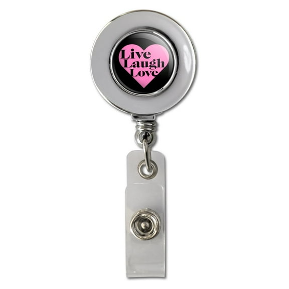 Live Laugh Love in Heart Retractable Reel Chrome Badge ID Card Holder Clip