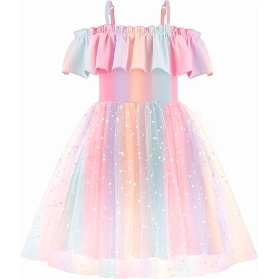 Oudiya Toddler Girl Tulle Dress Off Shoulder Sequin Summer Dresses Flutter Formal Birthday Party Princess Dress for Kids 1-6Y