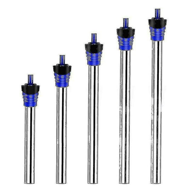 calentador de acuario ajustable de acero inoxidable de 50w/100w/200w/300w/500w varilla de calentamiento del termostato sumergible para pecera de 110/220v Vista frontal centrada de varias varillas tubulares de acero inoxidable con cabezales negros y anillos azules alineadas en distintas longitudes sobre fondo blanco; se observa el vástago del termostato en la parte superior. Ideal para mantenimiento de peceras y ajuste de temperatura; a menudo se usa como repuesto compacto en acuarios pequeños.