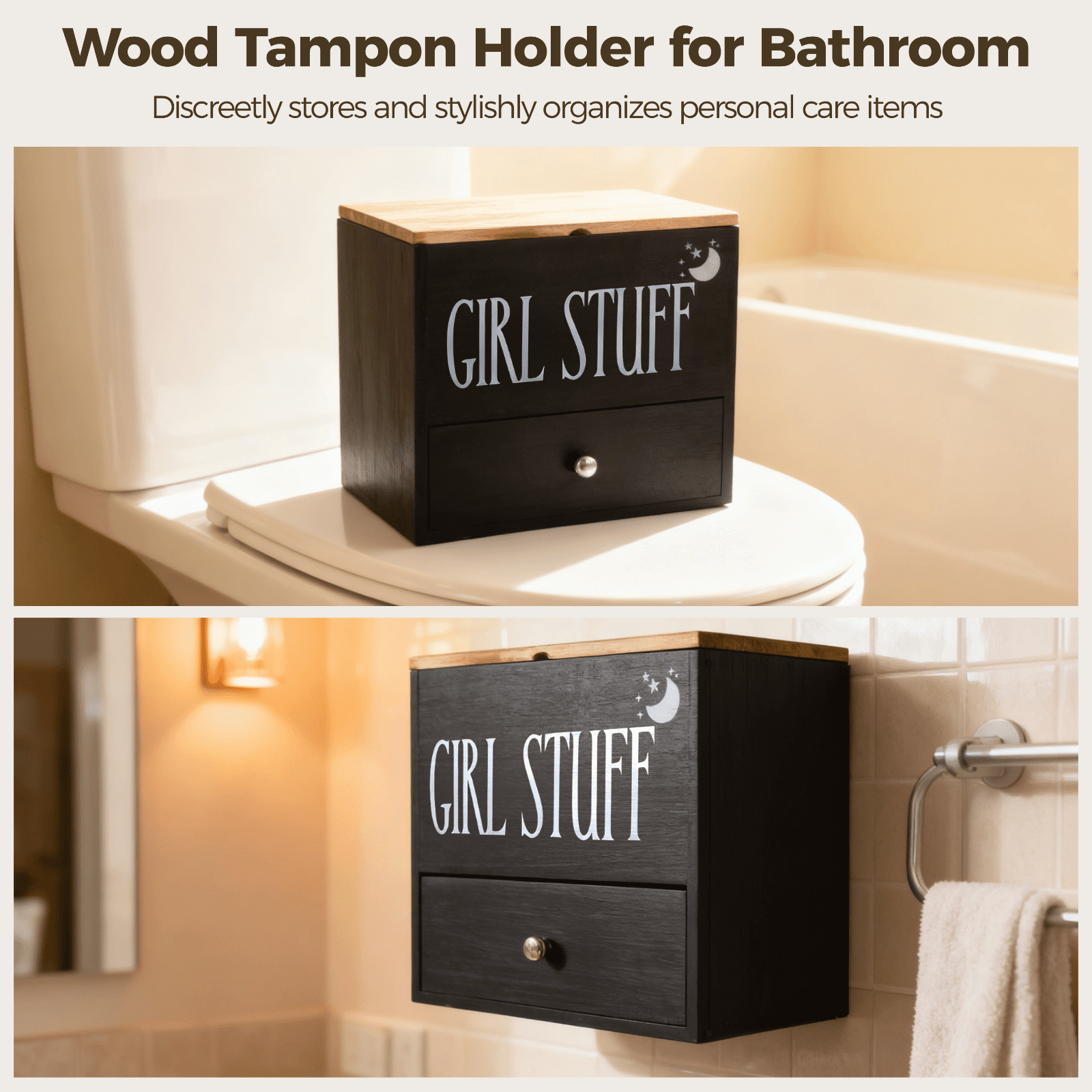Wood Tampon Holder for Bathroom, Feminine Product Organizer with 3-Tier Compartments, Pad and Tampon Organizer 9.4" x 5.6" x 8.9"