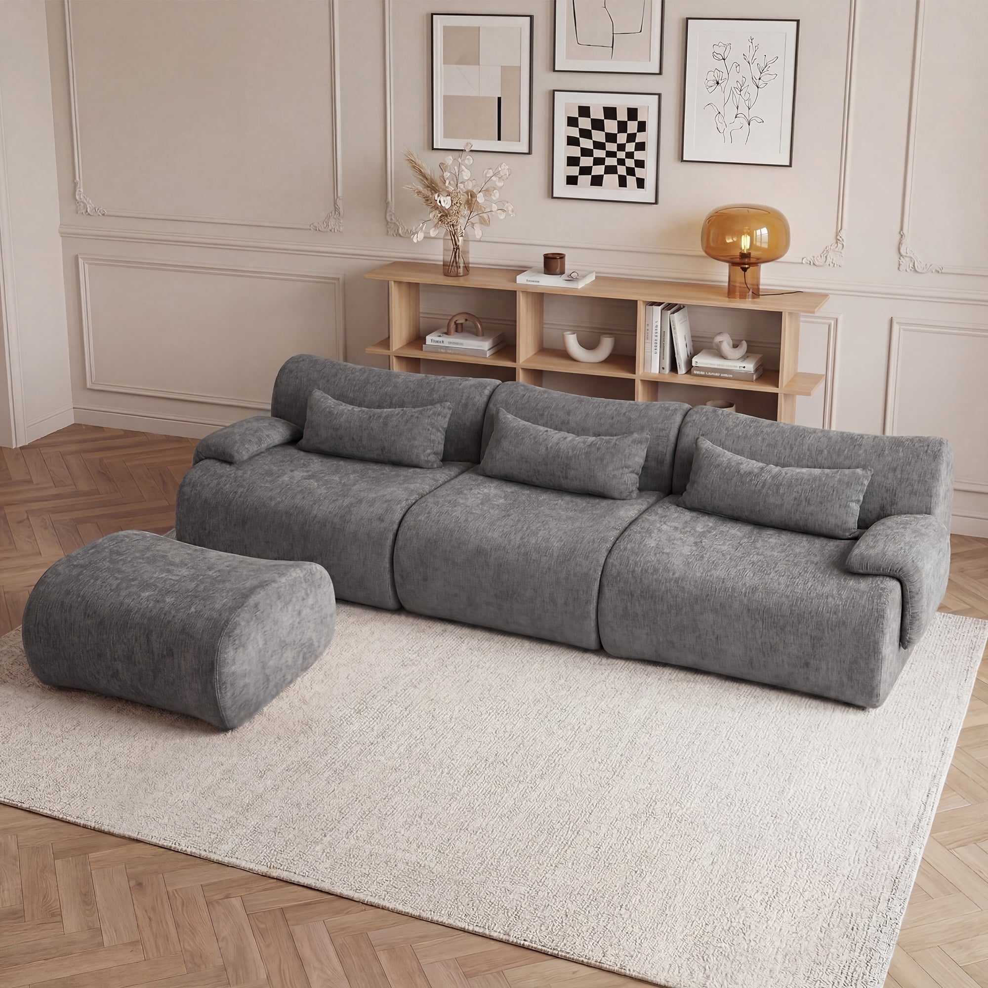 117" No Assembly Modular Boneless Sofa, L-Shaped Deep Seat Cloud Couch with Reversible Ottoman