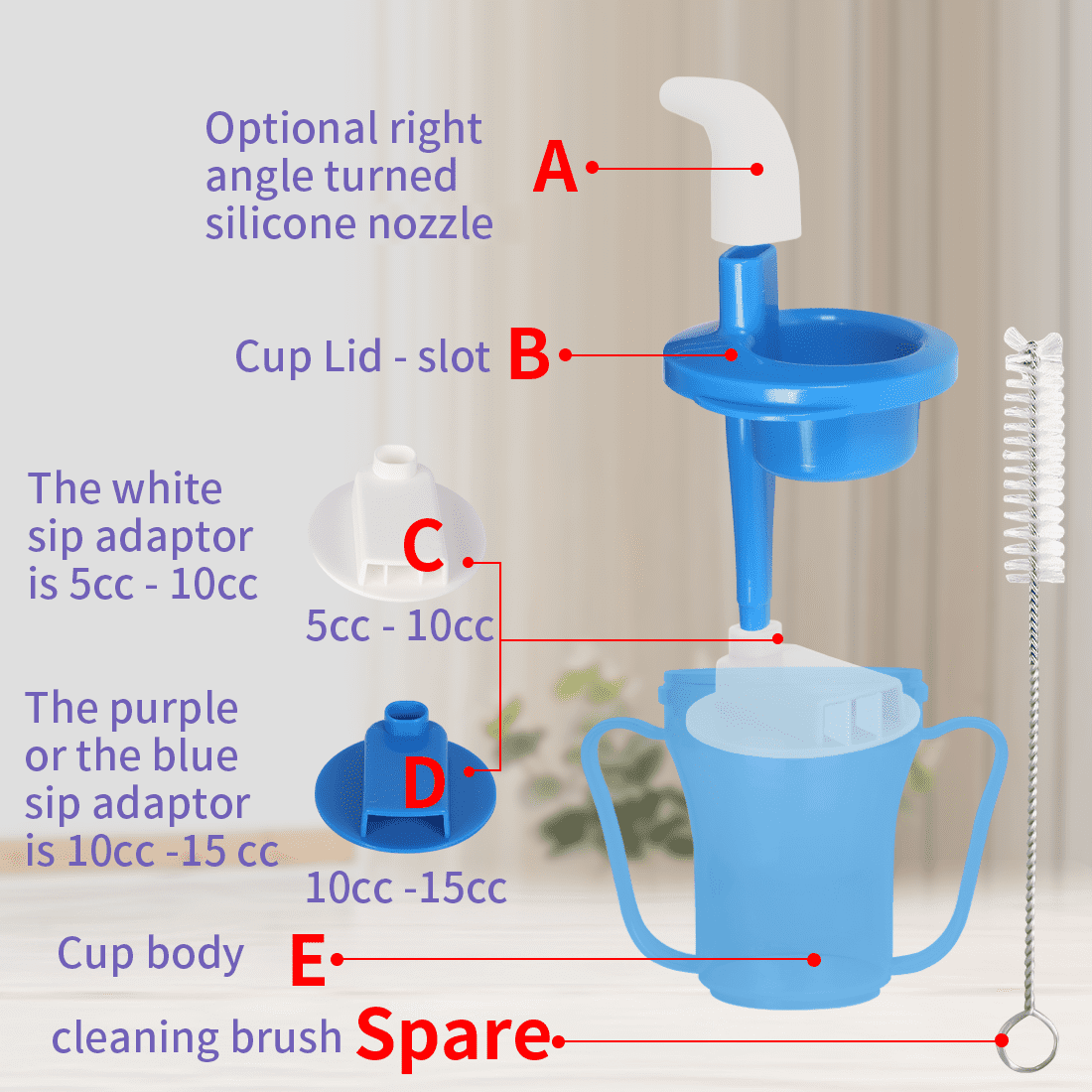Ehucon Sippy Drinking Cups for Dysphagia FDA Plastic+Silicone 5CC or 10CC, Blue