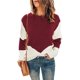 thumbnail image 1 of Top de punto para mujer, cuello redondo, mangas con hombros caídos, empalme de color, suéter de punto informal para primavera, otoño, invierno, rojo vino L, 1 of 5